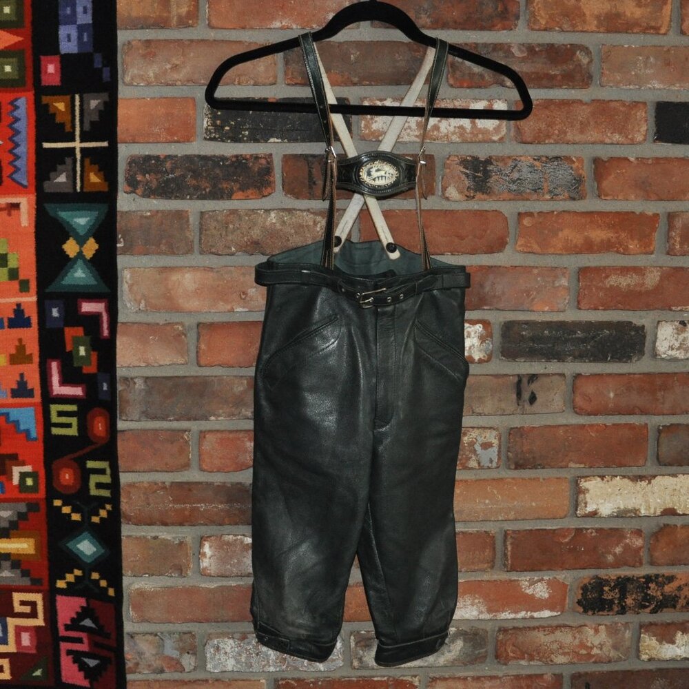 Vintage 70s Green Leather Lederhosen Munich Bavaria Oktoberfest Suspenders W 25"